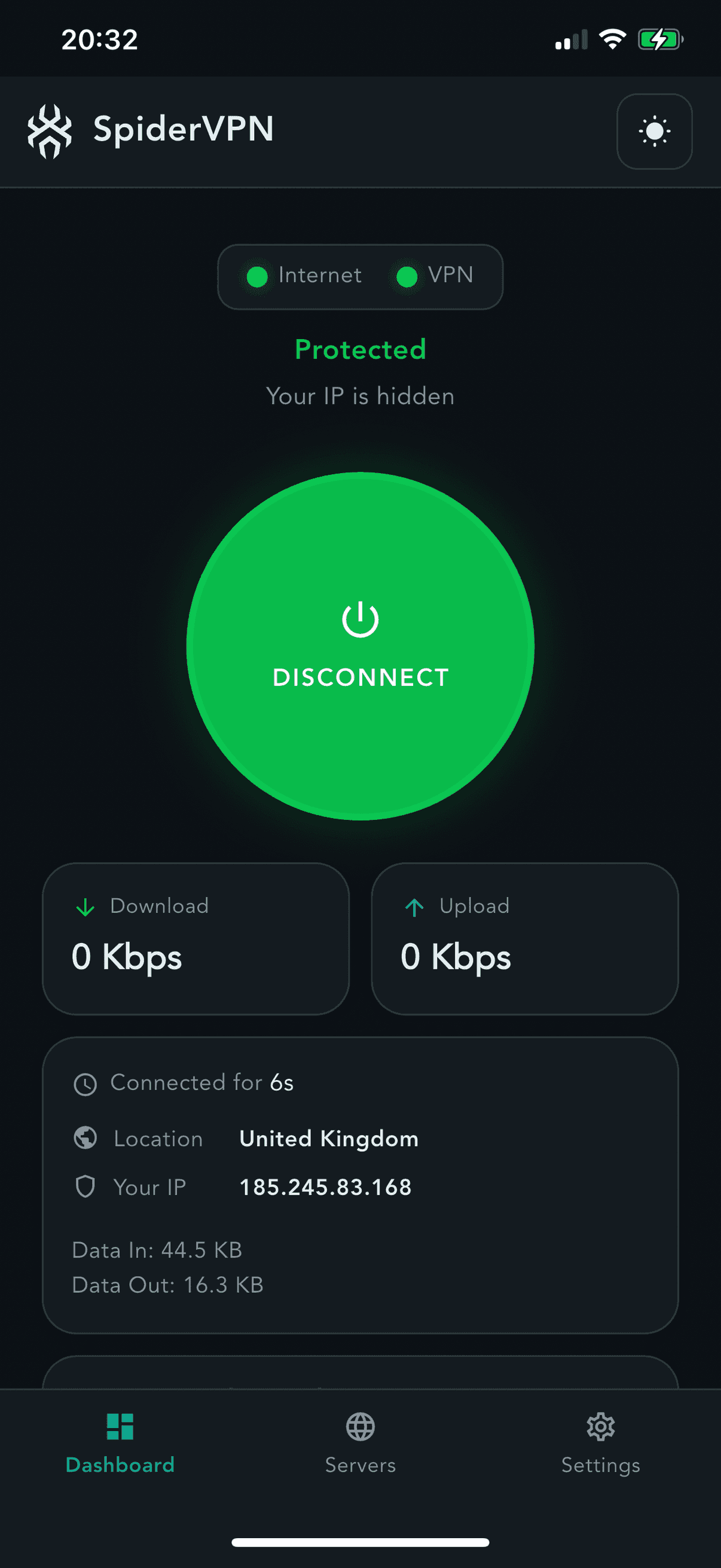 The SpiderVPN app on an iPhone, ready to connect to United Kingdom